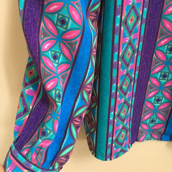 Funky Vintage Geometric Print Blouse, Purple, Blue, Turquoise + Green - Picture 4 of 4